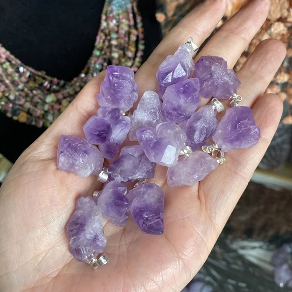 Naturstein Anhänger Brasilien Amethysten Kristall Druzy Unregelmäßige Form Lavendel Halbedelstein Chakra Reiki Roher Erz Schmuck Image