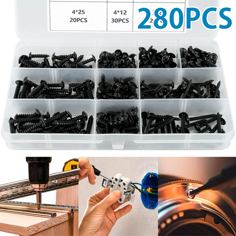 280 stücke m3 m4 Schrauben selbst schneidende Schrauben mit Unter leg scheiben Pan Head Phillips selbst bohrende Holz schraube Sortiment Kit m3 Schraube Image