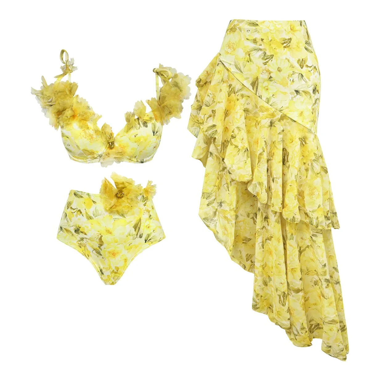 3Pcs Flower Bikinis Sexy Swimsuit Women Swimwear Push Up Bikini Set High Waist Biquini Female Long Skirt Bathing Suit Beachwear