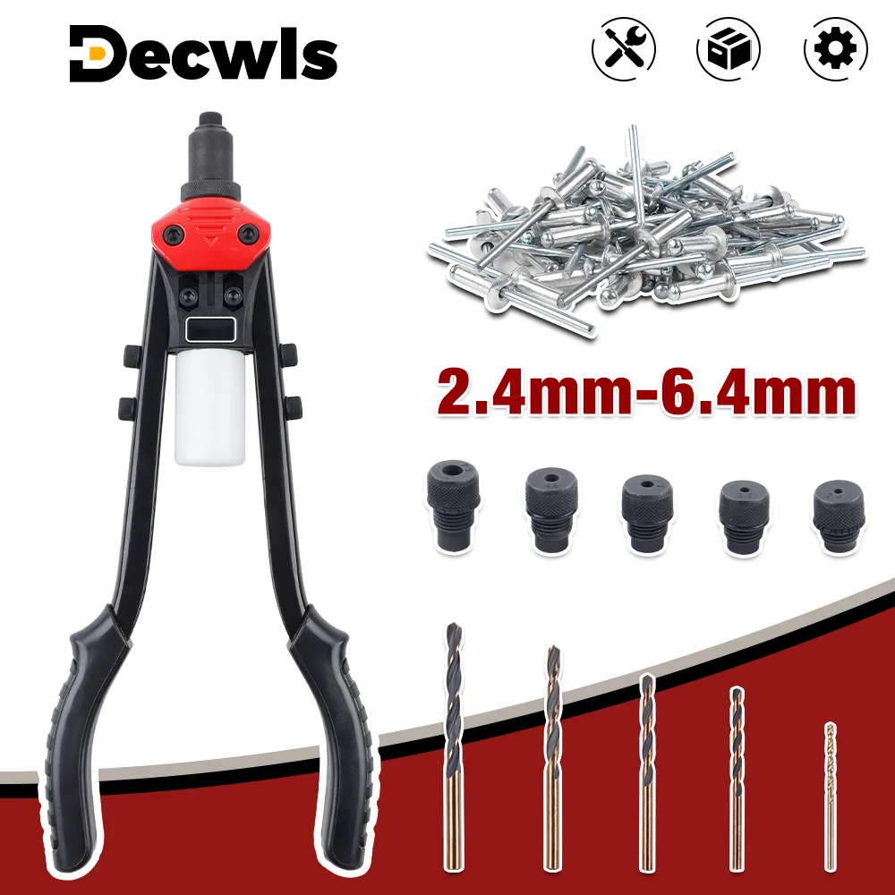 Professionelle manuelle Nietpistole, 2,4 mm 3,2 mm 4,0 mm 4,8 mm 6,4 mm Heimnietmaschine, 5-in-1-Zugnietpistole, DIY-Einsteckniet-Schnellnietwerkzeug, optional 250 Nieten und 5 Spiralbohrer Image