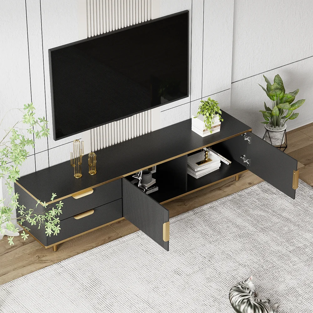 TV wardrobe TV Low Board With 2 Doors, Long 175cm TV table Living Room Cabinets TV furniture With Golden Handles, 175x45x40cm