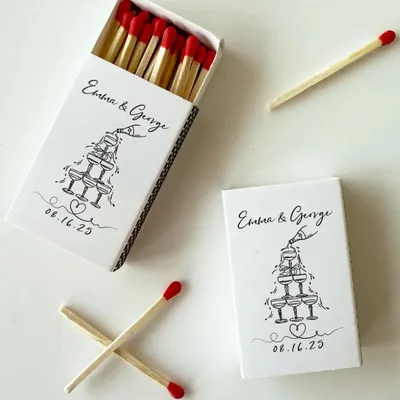 Personalized Wedding Matches Hand Drawn Champagne Tower Personalized Wedding Favor Matchboxes for Bridal Shower Engagement Recep
