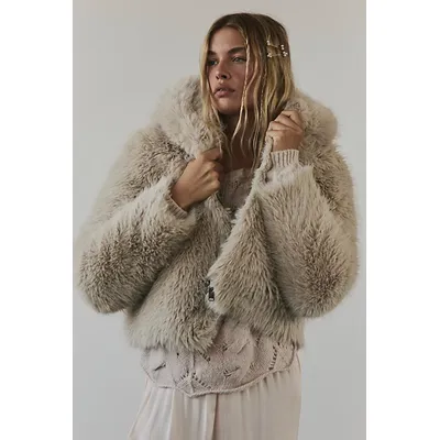 Louder Please Hooded Faux Fur Jacket at Free People in Almond Flour, Size: Large