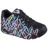 Wedgesneaker SKECHERS "UNO-SPREAD THE LOVE", Damen, Gr. 40, schwarz (schwarz multi), Lederimitat, kontrastfarbene Details, sportlich, Schuhe, Freizeitschuh, Halbschuh, Schnürschuh mit coolem Graffiti-Print