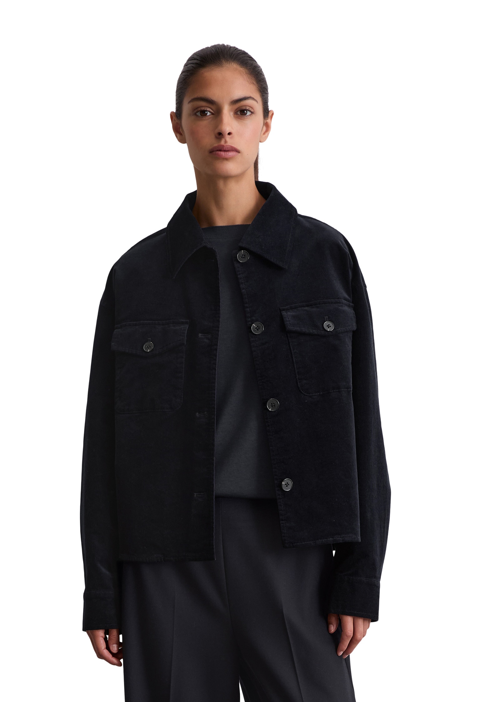 Kurzjacke MARC O'POLO "aus Baumwolle-Modal-Stretch", Damen, Gr. 34, blau (deep night blau), Obermaterial: 82% Baumwolle, 17% Modal, 1% Elasthan, unifarben, oversize, Manschette, Jacken Kurzjacke