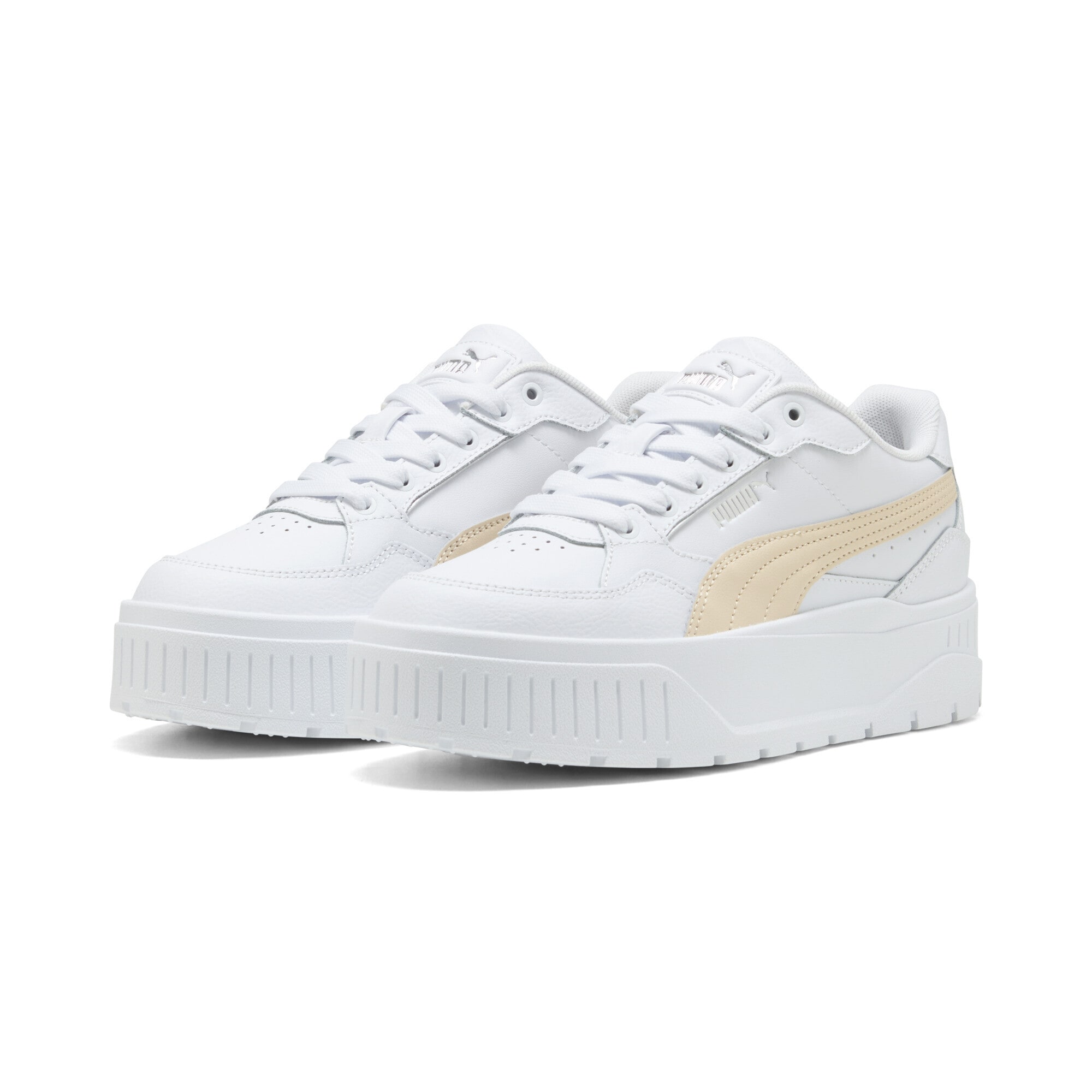 Sneaker PUMA "Karmen II Idol Sneakers Damen", Gr. 42, weiß (weiß canvas beige), Obermaterial: Synthetik, Kuhleder, Textil; Futter: Textil; Innensohle: Textil; Laufsohle: Gummi, Schuhe