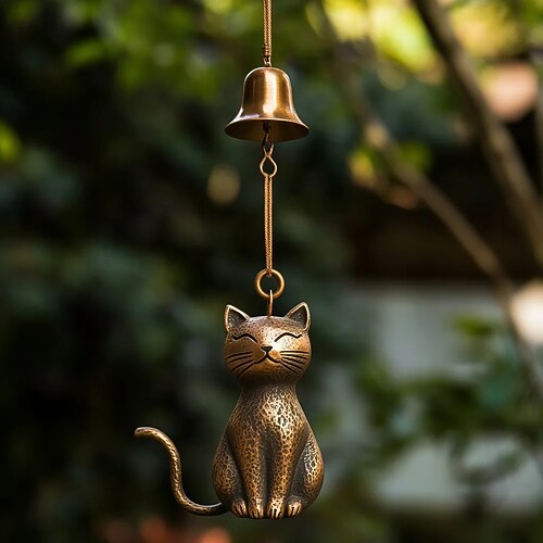 handgefertigtes Retro-Katzen-Windspiel, Vintage-Kupfer-Windspiel in Katzenform mit Glocke, Dekoration zum Aufhängen im Freien für Veranda und Garten, ideale Geschenke für Katzenliebhaber