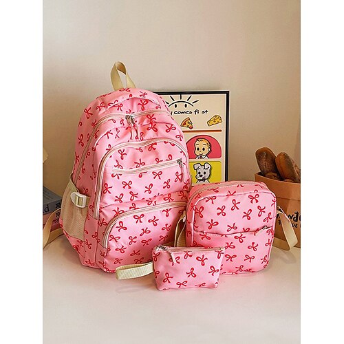 3-teiliges Schulrucksack-Set für Teenager-Mädchen – leichte Canvas-Büchertasche mit süßem rosa Schleifenaufdruck, große Umhängetasche und Federmäppchen, perfekt für die Schule, Reisen und den täglichen Gebrauch Image