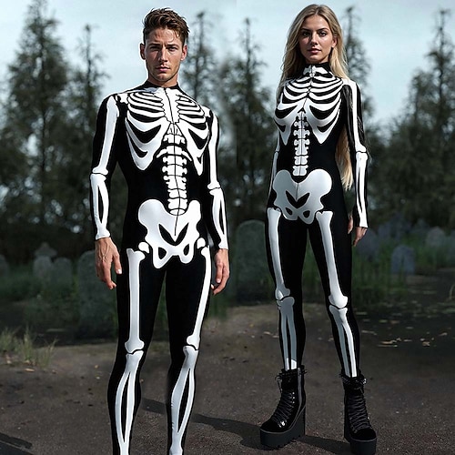 Karneval 2026 Totenkopf Bodysuits Halloween-Gruppen-Paarkostüme Ganzkörper-Catsuit Gruseliges Kostüm Erwachsene Kinder Alle Halloween Karneval Tag der Toten Club Party Leistung Einfache Image