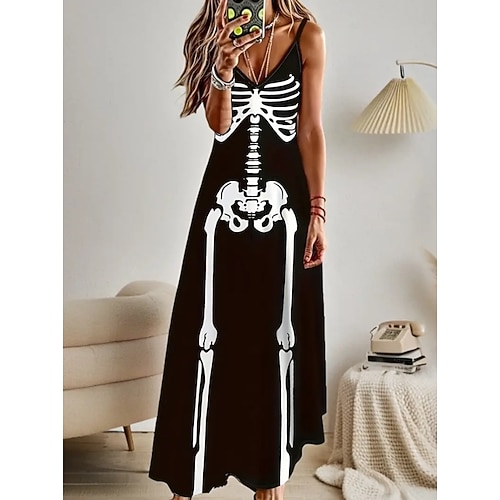Frauen Totenkopf Druck Midi Kleid Sonnenkleid A-Linie Kleid Slip Kleid Urlaub Lässig Urlaub Täglich Strand Grafik Blatt Tropisch Ärmellos V-Ausschnitt Schwarz und Weiß Hellgelb Schwarz Weiß Image