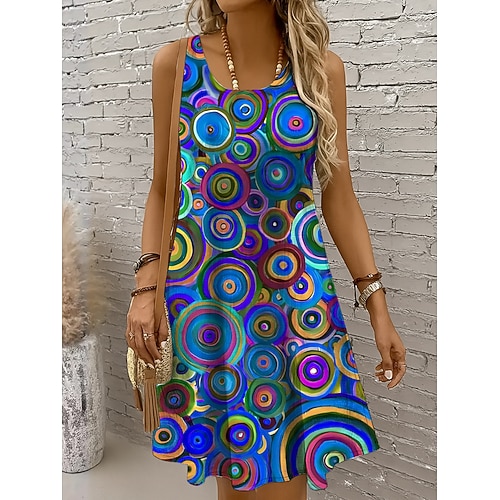 Damen Minikleid Freizeitkleid Sommerkleid A Linie Kleid Schulterfreies Kleid Urlaub Lässig Boho Ferien Strand Normale Passform Grafik Geometrisch Tupfen Ärmellos Rundhalsausschnitt Rundausschnitt Image