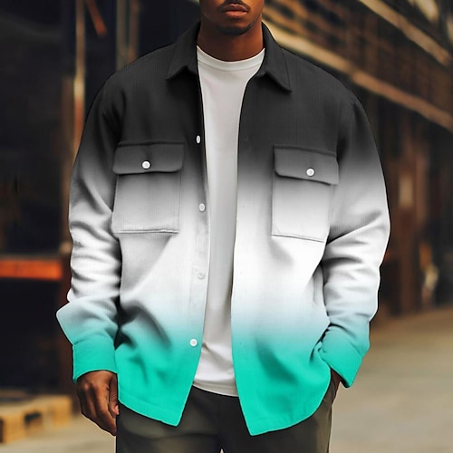 Herren Farbverlauf Cordhemd Shacket Hemdjacke Langarm Lässig Outdoor Alltagskleidung Herbst Winter Umlegekragen Button-Down Warm Jacke mit Pattentaschen Rosa Rote Blau Purpur Grün Image