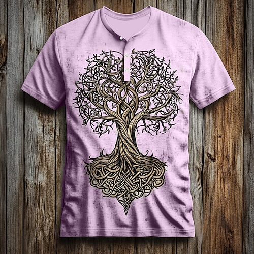Herren Baum Muster T Shirt Henley Hemd Kurzarm Vintage Designer Retro Vintage Lässig Täglich Straße Sommer Frühling Ganzjahres Rosa Hellblau Weiß Grün Hell Gray Henley Henley T-Shirt Image