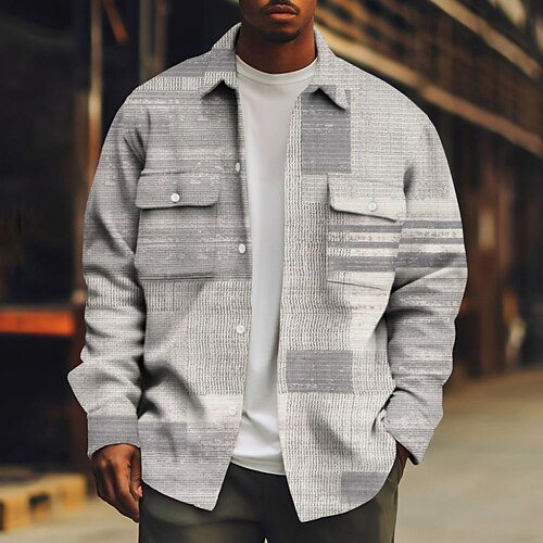 Herren Farbblock Farbverlauf Patchwork Cordhemd Shacket Hemdjacke Langarm Lässig Outdoor Alltagskleidung Herbst Winter Umlegekragen Button-Down Jacke mit Pattentaschen Schwarz Rosa Khaki Hell Gray Image