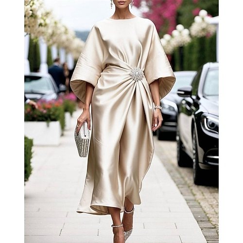 Damen Midikleid Satinkleid Halbformelles Kleid Elegant Mode Modern Täglich Date Wochenende Normale Passform Einfach Halbarm Rundhalsausschnitt Rosa Wein Marineblau Grün Frühling Herbst Image