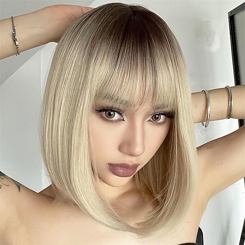 glatte weiße Perücke mit Pony 12 Zoll kurze weiße Bob-Perücken für Frauen synthetische bunte Cosplay-Party-Perücke Image
