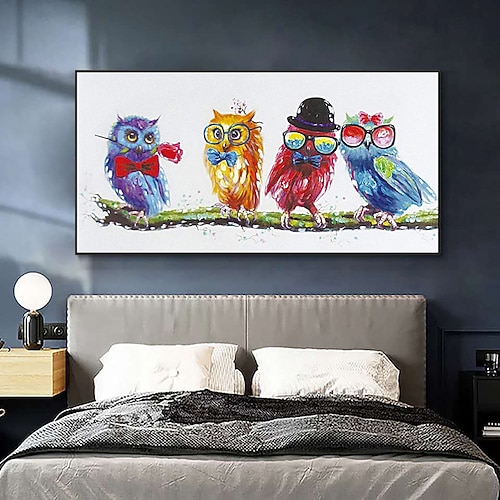 lustig gestaltetes Ölgemälde mit 4 Vögeln auf Leinwand, handgemaltes, lustiges, liebevolles Tierölgemälde für das Wohnzimmer Image