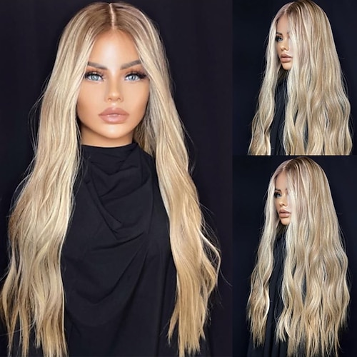 Unbehandeltes Echthaar 5x5 Verschluss 13x4 Spitzenfront Perücke Mittelscheitel Brasilianisches Haar Gewellt Blond Mehrfarbig Perücke 130% 150% Haardichte Ombre-Haar Hervorgehobenes / Balayage-Haar Image