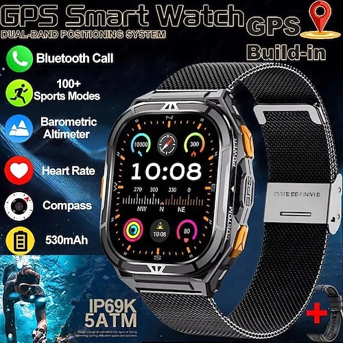 X5 Smartwatch 1.96 Zoll Smartwatch Fitnessuhr Bluetooth Anruferinnerung Aktivitäts-Tracker Herzschlagmonitor Sitzende Erinnerung Finden Sie Ihr Gerät Kompatibel mit Android iOS IP68 Herren GPS