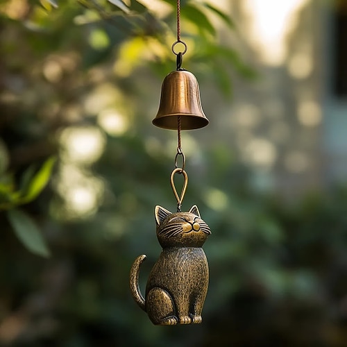 handgefertigtes Retro-Katzen-Windspiel, Vintage-Kupfer-Windspiel in Katzenform mit Glocke, Dekoration zum Aufhängen im Freien für Veranda und Garten, ideale Geschenke für Katzenliebhaber