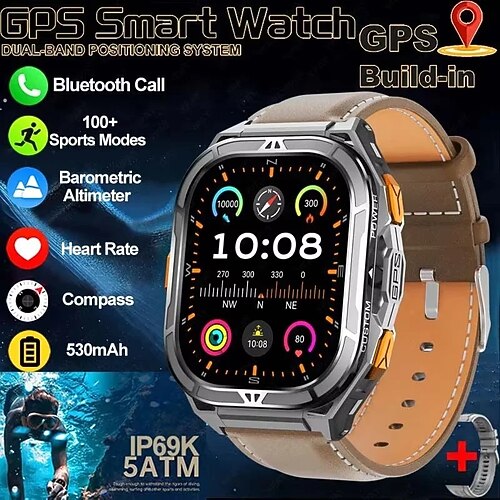 X5 Smartwatch 1.96 Zoll Smartwatch Fitnessuhr Bluetooth Anruferinnerung Aktivitäts-Tracker Herzschlagmonitor Sitzende Erinnerung Finden Sie Ihr Gerät Kompatibel mit Android iOS IP68 Herren GPS Image