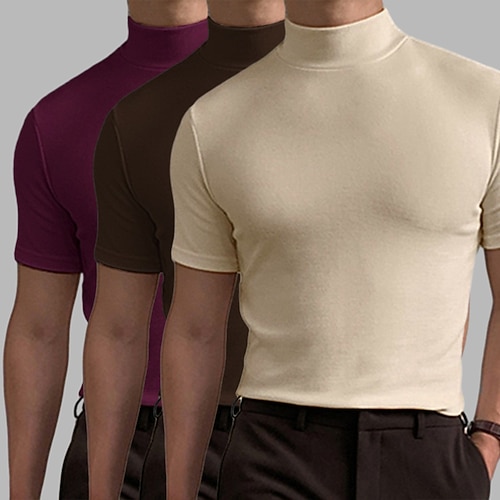 Herren T Shirt Rollkragenhemd Kurzarm Stehkragen Sommer Frühling Einfach Mode Lässig Bequem 3 Teile Mehrfachpackung Urlaub Straße Ferien A B C Top T-Shirt für Herren Image