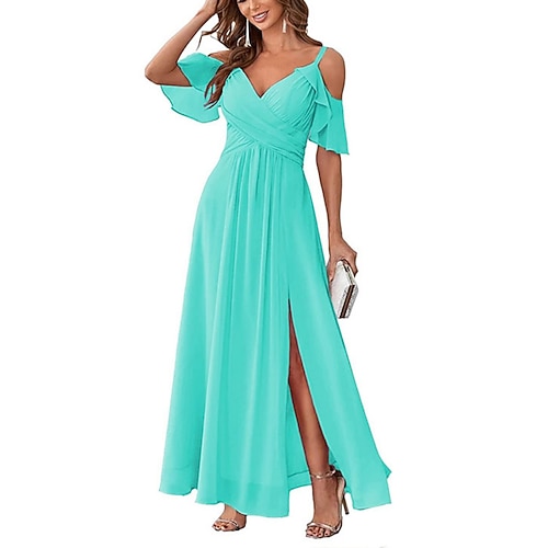 Damen Langes Kleid Maxikleid Cocktailkleid Kleid für Hochzeitsgäste Chiffon Chiffonkleid Elegant Mode Modern Outdoor Cocktailparty Normale Passform Einfach Kurzarm Träger Blau Gelb Grün Sommer