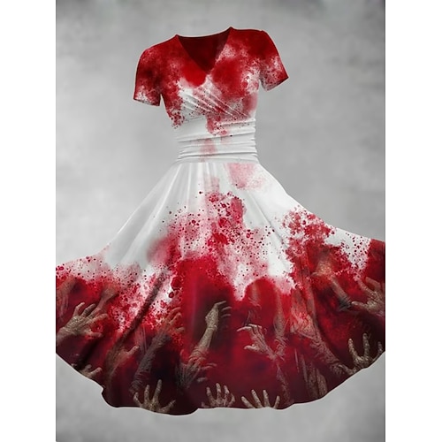 Damen Blutfleck Druck Midi Kleid A-Linien Kleid Kleid Fit Und Flare Kleid Party Lässig Alltag Feiertag Reguläre Passform Grafik Abstrakt Kurzarm V-Ausschnitt Tiefgrün Weiß Weinrot Herbst Image