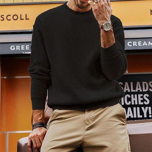 Herren Pullover Gerippt Stricken Normale Oberteile Gestrickt Einfach Rundhalsausschnitt Strickware Zeitgenössisch Lässig Alltagskleidung Bekleidung Herbst Schwarz Braun S M L