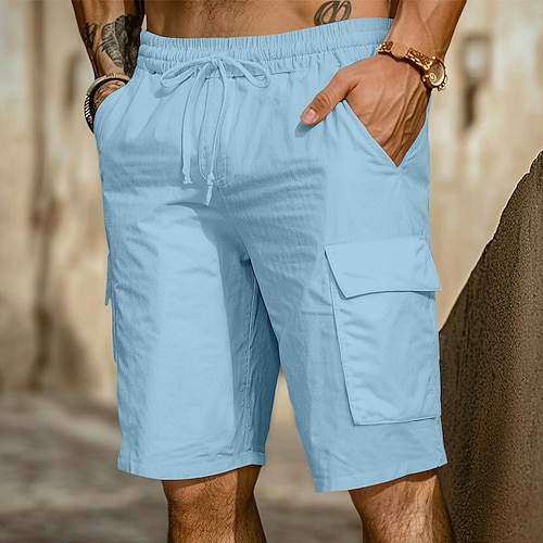 Herren Cargo-Shorts Shorts Leinenshorts Sommershorts Strandshorts Kordelzug Elastischer Bund Mehrere Taschen Einfach Komfort Atmungsaktiv Knielang Outdoor Täglich Strand Urlaub Mode Schwarz Weiß Image