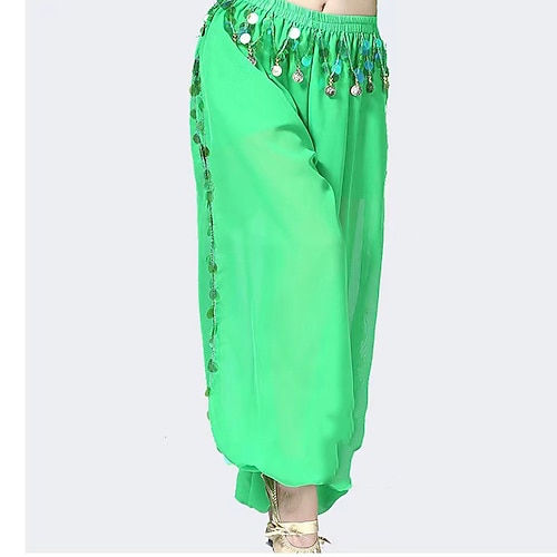 Bauchtanzhose für Damen, elastisch, mit Münzlaterne, seitlich geschlitzt, mit Pailletten, glänzend, Haremshose, arabisch, indisch, Performance-Hose Image
