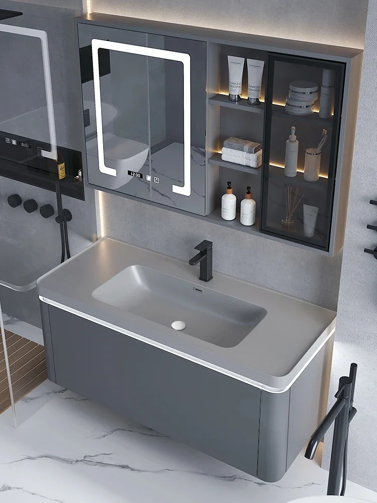 Qimei Stone Skin Sense Integriertes Waschbecken Badezimmerschrank Kombination Einfacher Toilettenwaschtisch Handwaschbecken Badezimmerset