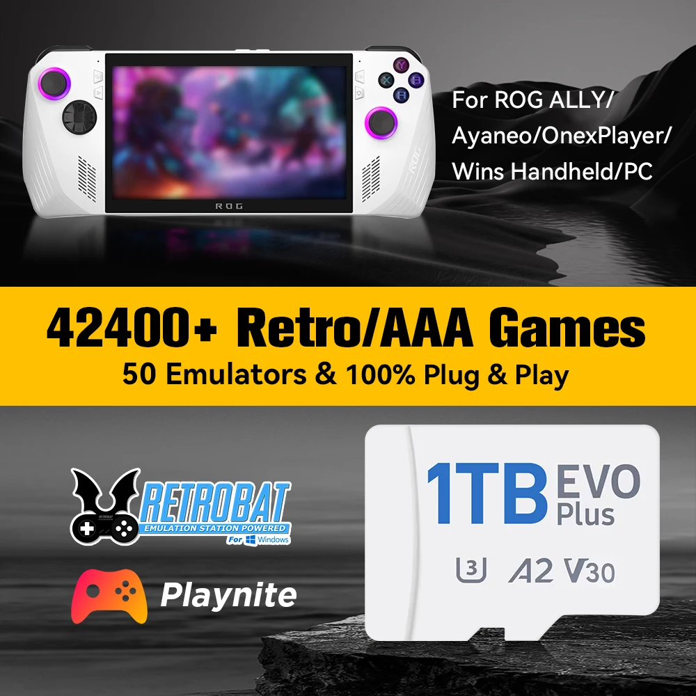 1 TB Spielkarte mit 50 Emulatoren für N64/Switch/MAME/PSP/PS3/PS2 Retrobat&Playnite OS TF-Karte für ROG Ally/Win PC mit 42400 Spielen