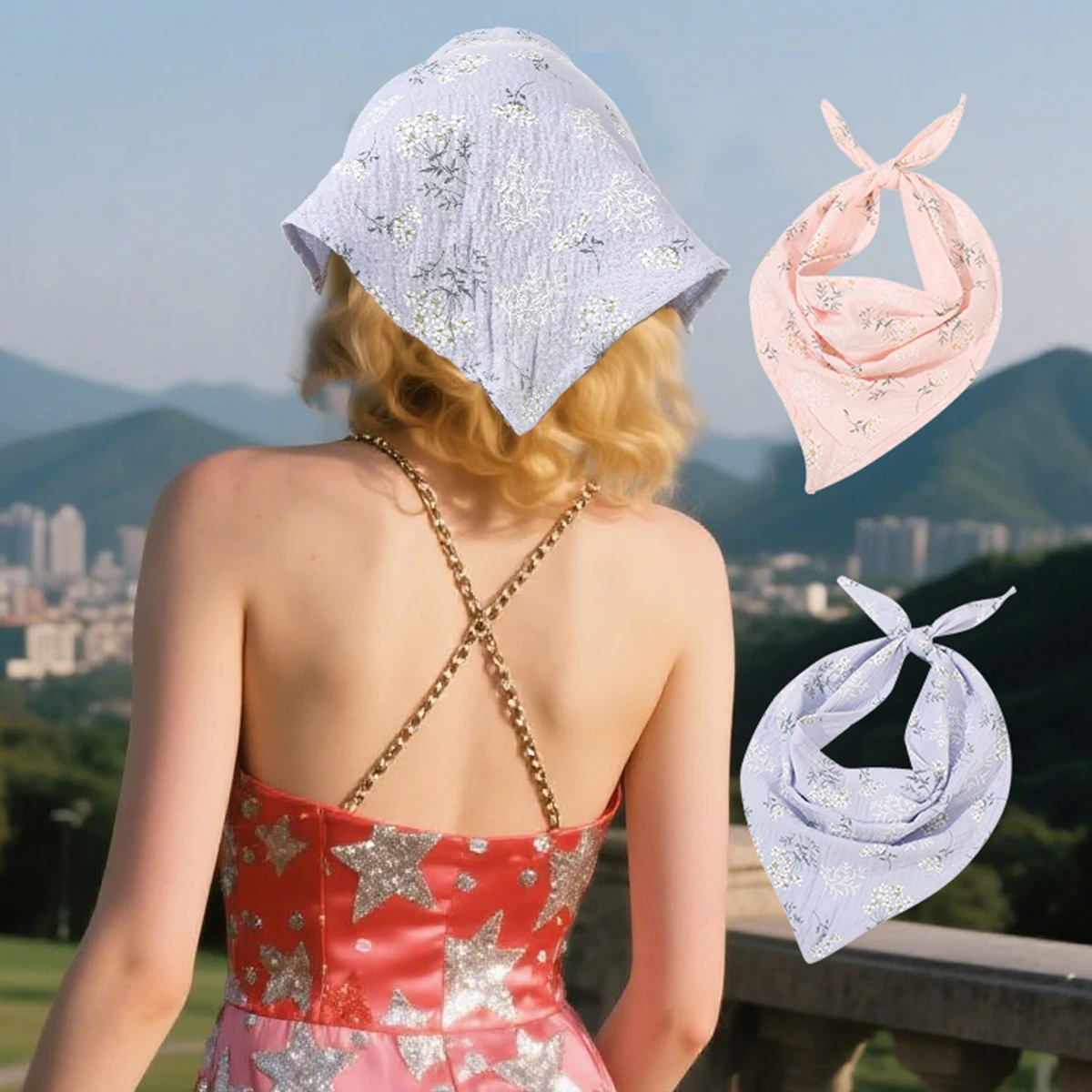 AWAYTR Baumwolle Blumen Dreieck Schal Büro Dame Handgelenk Haargummi Snood Foulard Stirnband Schals und Wraps Halstuch Image