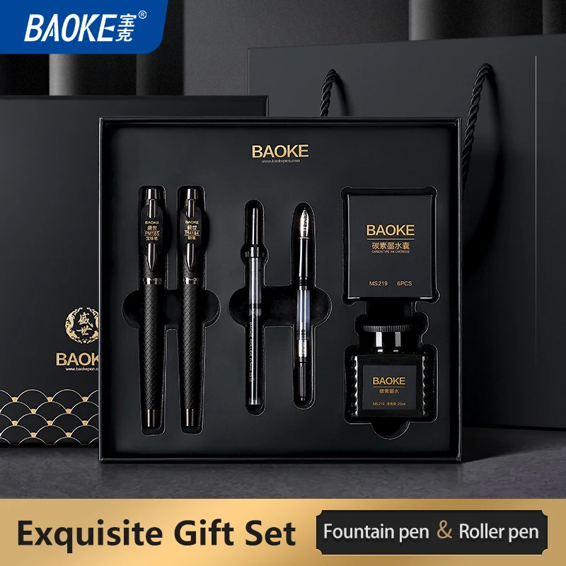 BAOKE T18/T19/T20 Black Grey Fountain Pen Gift Set, Includes Ink Bottle, 6 Cartridges, Exquisite Package, Smooth Writing Pens
