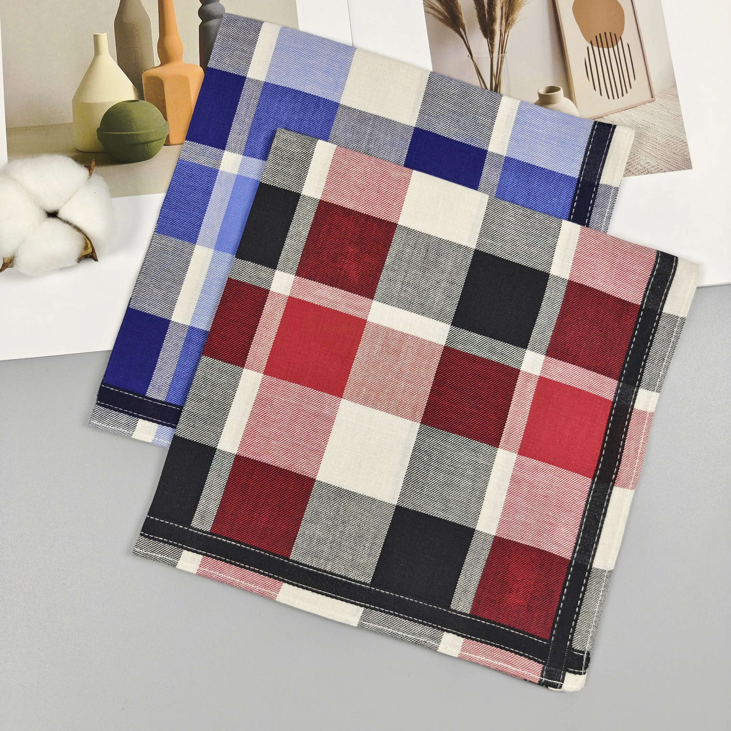 44,5 cm/17,5 Zoll modisches neues Baumwolltaschentuch, Taschenschal, Trendgitter, bequem, weich, saugfähig, 2 Stück Kombination Image