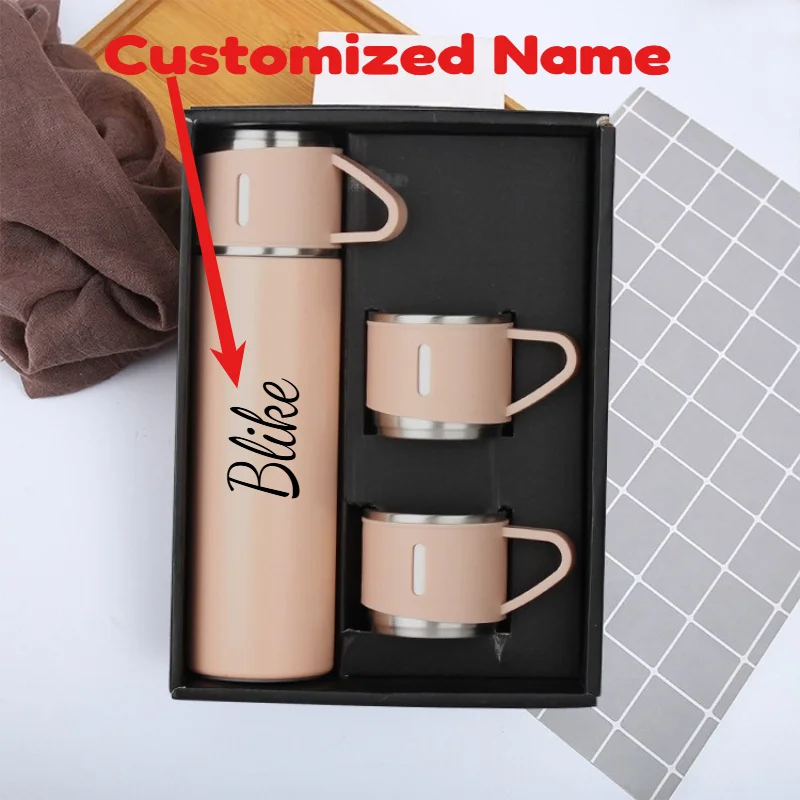 Personalisierte Thermosflasche mit lasergraviertem Text, 500 ml/17 Unzen, mit anhebbarer Ohrisolierung, Wasserflasche aus Edelstahl mit elastischem Deckel Image