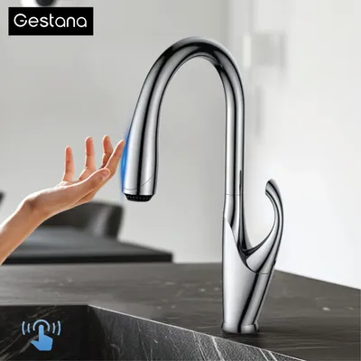 Luxury black brass touch switch kitchen faucet single handle ceramic valve core hot&cold water pull-out type 3-function sink Tap