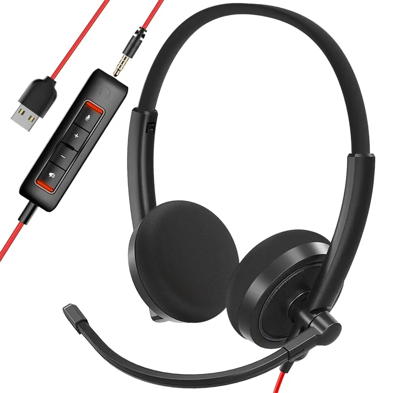 HROEENOI USB-Headset mit Geräuschunterdrückung, PC-Headset, kabelgebunden mit USB + 3,5-mm-Klinkenstecker, Inline-Steuerung für Büro, Zuhause, Unternehmen Image