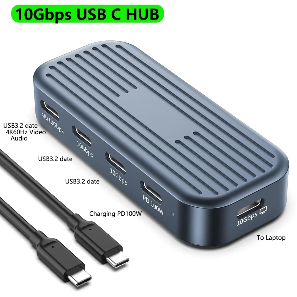 10 Gbit/s USB-C-Hub mit 4K@60 Hz Videoausgang USB3.2 Gen2 Monitor Datenübertragung PD100W für Laptops MacBook iPad Pro Typ-C-Geräte Image