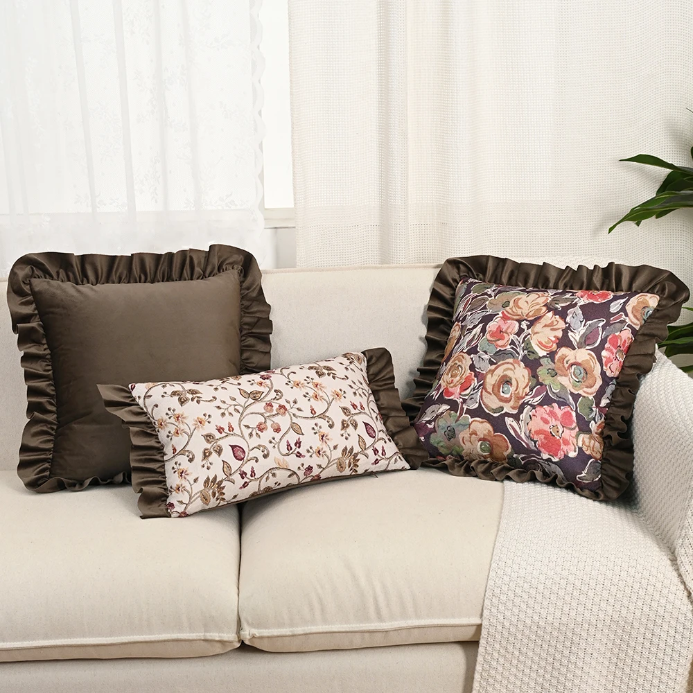 BUYNOW 1PC Baumwolle Floral Gedruckt Braun Dutch Spitze Kissenbezug Vintage Pastoralen Wohnzimmer Sofa Kissen Abdeckung Hause Schlafzimmer Dekor Image