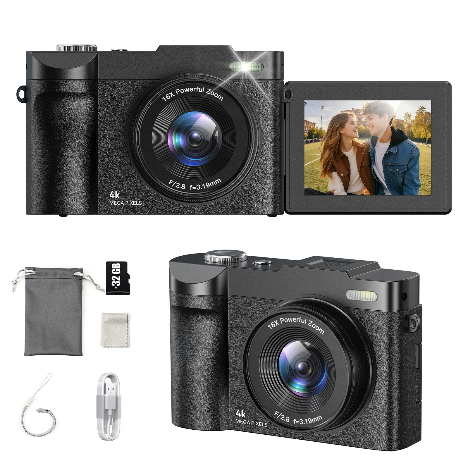 Digital Camera for Photography Camera with 2.8" 180° Flip Screen 16X Shoot Camara with 32GB Micro SD Card for Beginner Gifts