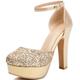 Women's Glitter Platform Sandals 12cm Chunky Heel 3.5cm Sole Round Toe Ankle Strap PU Leather Slip-Resistant Extended Sizes (34-48),Gold,7.5 UK