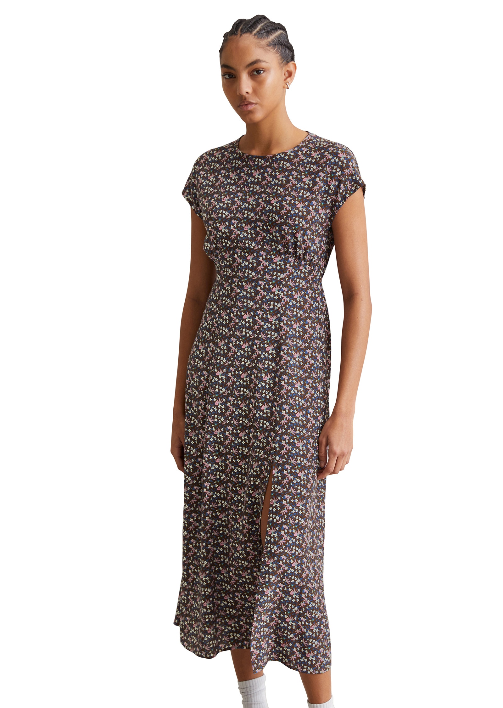 Midikleid MARC O'POLO DENIM "aus LENZING™ ECOVERO™", Damen, Gr. M, Normalgrößen, medium braun, Obermaterial: 100% Viskose, bedruckt, regular fit wadenlang, Rundhals, Kleider Midikleid