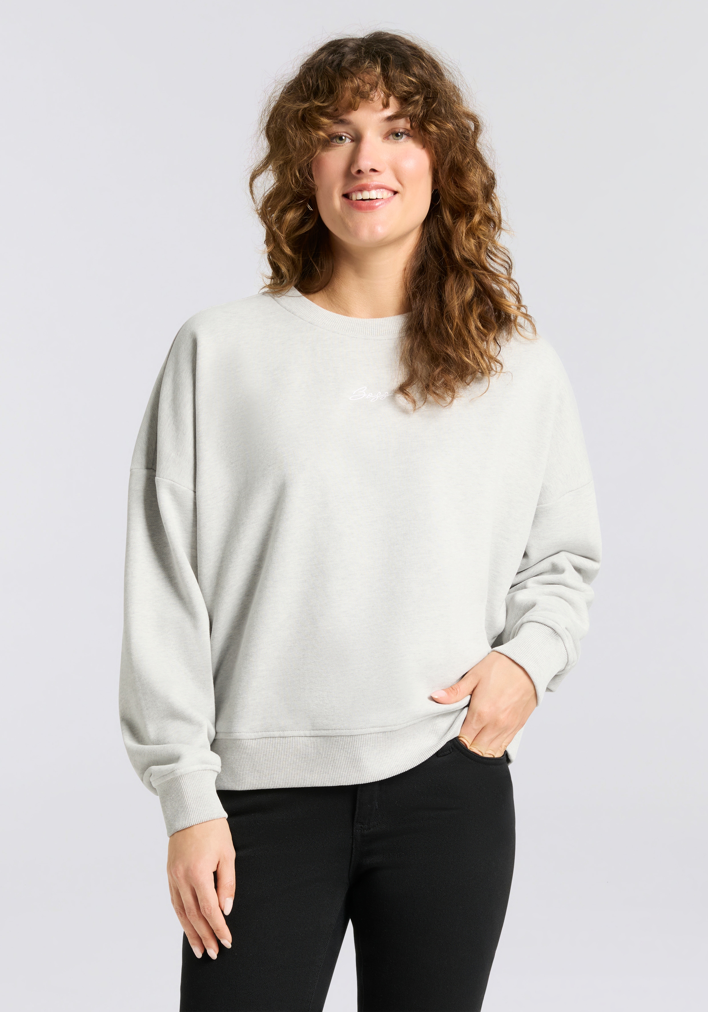 Sweatshirt BOSS ORANGE "Esweaty Premium Damenmode", Damen, Gr. L (40), silber (silber 040), Sweatware, Obermaterial: 100% Baumwolle, unifarben, hüftlang, Rundhals, Rippbündchen, Sweatshirts Sweatshirt, im Oversized Look