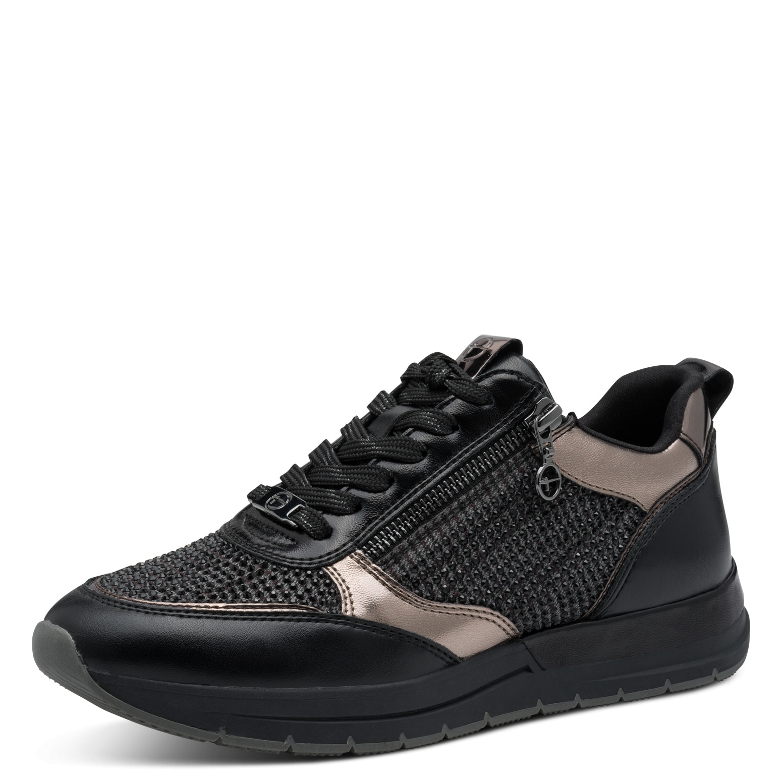 Plateausneaker TAMARIS, Damen, Gr. 39, gold (schwarz, roségoldfarben), Lederimitat, Textil, Schuhe, Freizeitschuh, Halbschuh, Schnürschuh in veganer Verarbeitung
