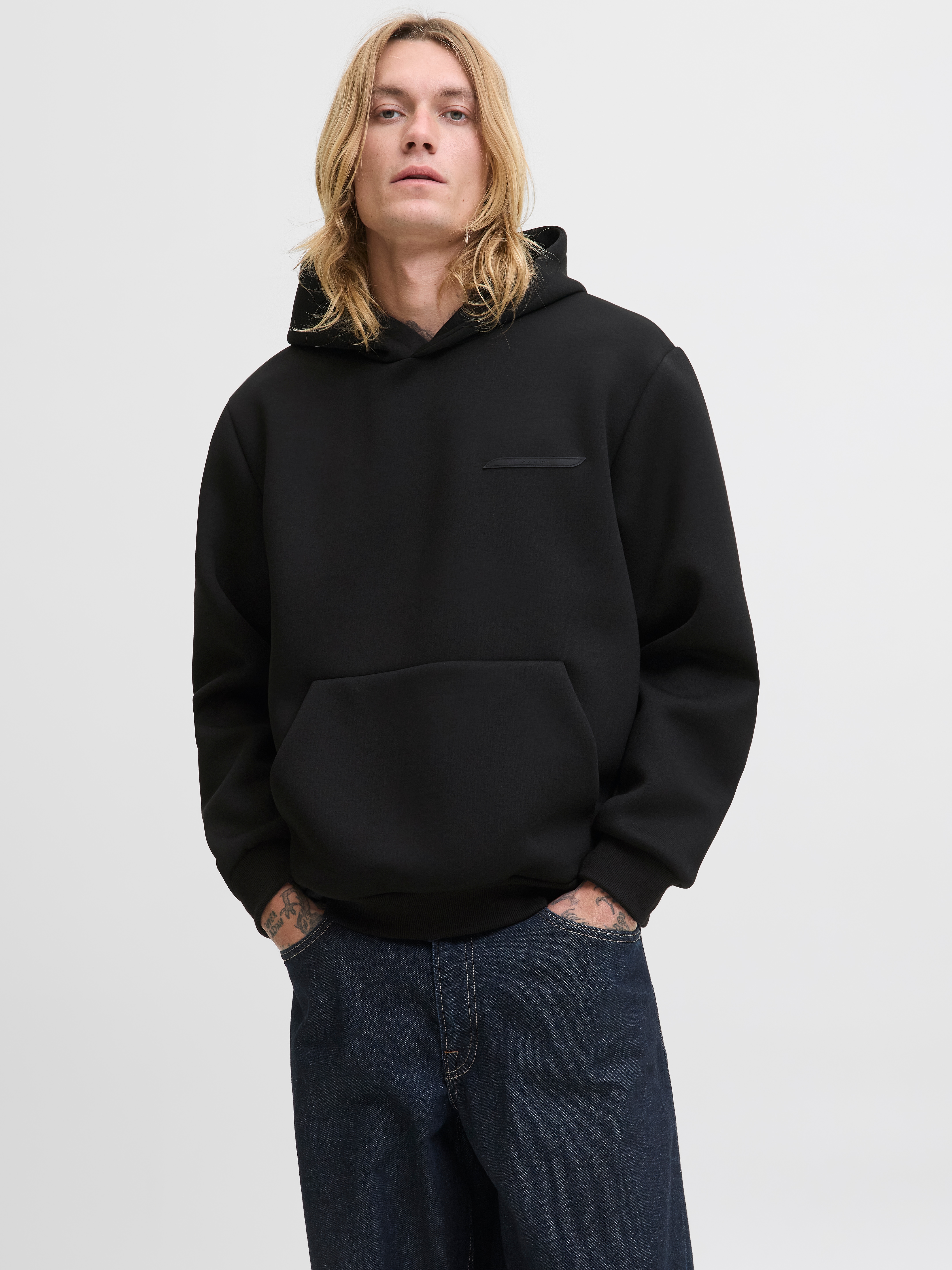 Kapuzensweatshirt JACK & JONES "JCOFUSION SCUBA SWEAT HOOD NOOS", Herren, Gr. L, schwarz, angeraute Sweatware, Obermaterial: 77% Polyester, 18% Viskose, 5% Elasthan, unifarben, relaxed fit, Rippbündchen, Sweatshirts