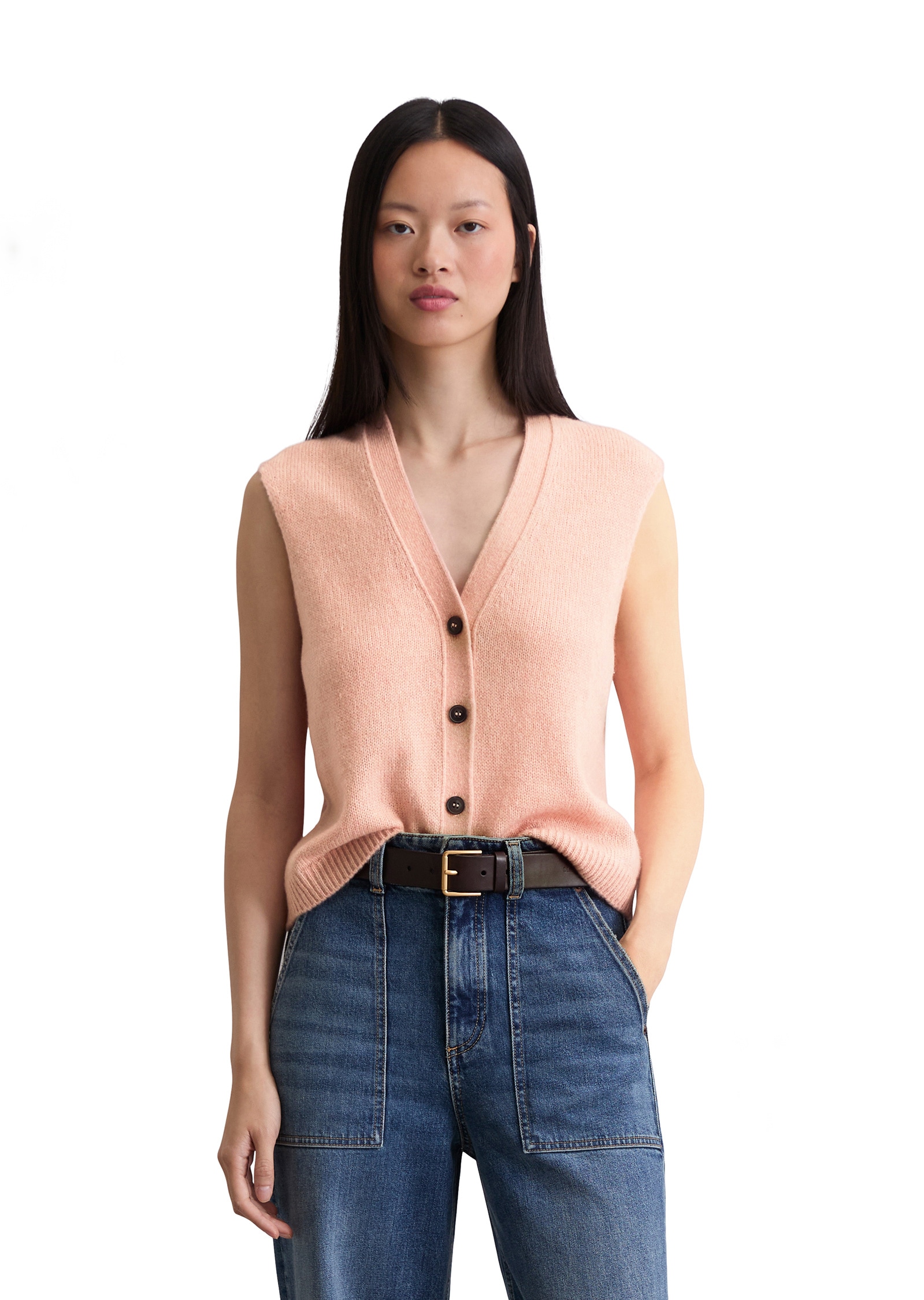 Strickweste MARC O'POLO "aus softem Schurwolle-Mix", Damen, Gr. XL, rosa (pastel rose), Obermaterial: 75% Schurwolle, 25% Polyamid, unifarben, relaxed fit, V-Ausschnitt, Westen Strickweste