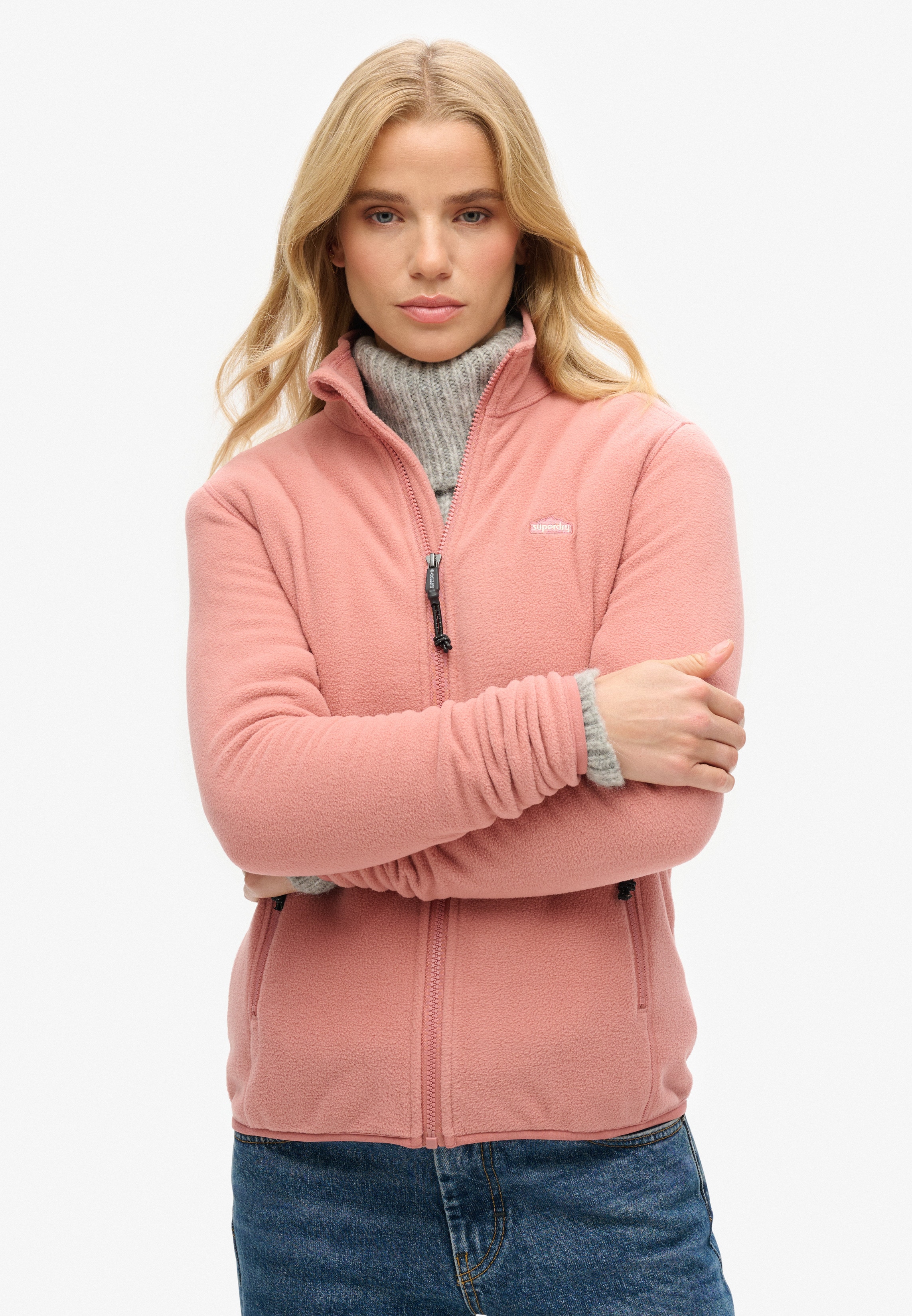 Fleecejacke SUPERDRY "POLAR FLEECE FULL ZIP", Damen, Gr. XL, ash rose, Fleece, Obermaterial: 100% Polyester, unifarben, Casual, slim fit hüftlang, Rundhals, eingefasste Kante, Jacken Image