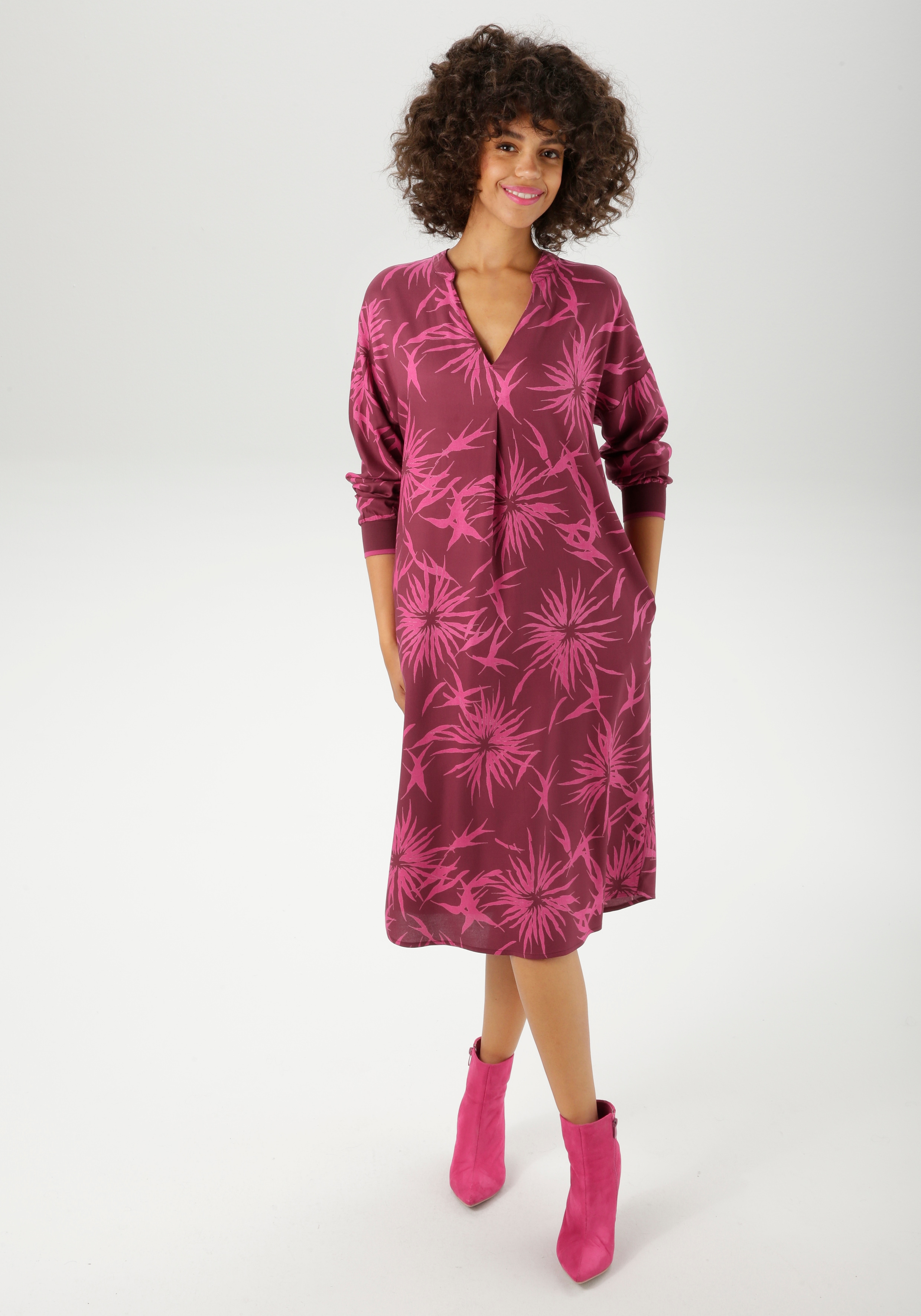 Tunikakleid ANISTON CASUAL, Damen, Gr. 48, N-Gr, rot (bordeaux, pink), Web, Obermaterial: 100% Viskose, bedruckt, geblümt, lässig geschnitten kniebedeckend, V-Ausschnitt, Rippbündchen, Kleider, mit trendfarbigem, grafischen Blumendruck